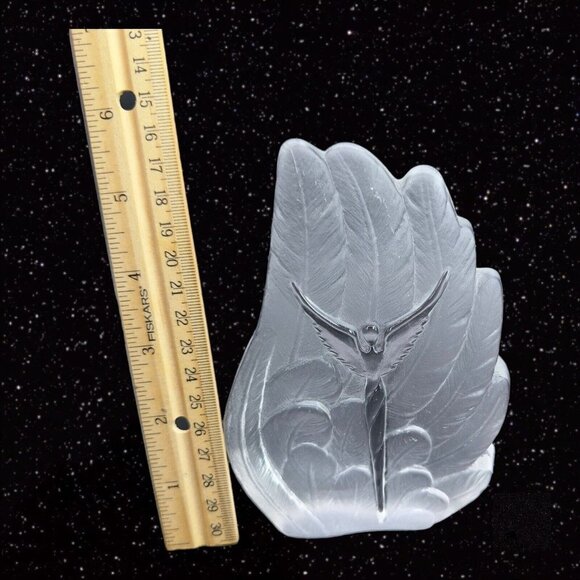 Clear Frosted Feather Shaped Glass Paperweight With Angel In The Middle Thick - Picture 7 of 11
